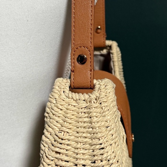 Lauren Conrad Natural Woven Straw Shoulder Bag Tan Faux Leather Flap Purse - Picture 3 of 6